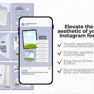 May include: A smartphone displaying a social media post template with a light purple background, featuring a photo frame, a quick facts list, and text. Surrounding the phone are various square templates with similar designs, text, and graphics.