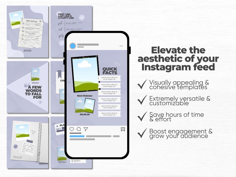 May include: A smartphone displaying a social media post template with a light purple background, featuring a photo frame, a quick facts list, and text. Surrounding the phone are various square templates with similar designs, text, and graphics.
