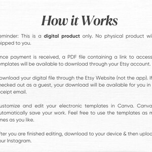 K&ouml;nnte beinhalten: Wei&szlig;er Hintergrund mit dem Text "How it Works" in einer stilvollen Schriftart. Der Text erkl&auml;rt den Prozess des Herunterladens und der Verwendung digitaler Vorlagen von Etsy, einschlie&szlig;lich des Zugriffs auf die PDF-Datei, der Bearbeitung in Canva und des Hochladens auf Instagram.