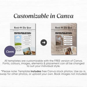 May include: A digital template for a book cover design, with the text "Book Of The Year" and "Breaking News The Book I Can't Stop Thinking About." The design is customizable in Canva, with options to change fonts, colors, images, and placement.