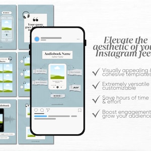 Puede incluir: Una maqueta digital de plantillas de feed de Instagram para audiolibros. El dise&ntilde;o presenta un tel&eacute;fono inteligente con una plantilla, rodeado de otras plantillas. El texto incluye "Nombre del audiolibro", "Nombre del autor" y "Eleva la est&eacute;tica de tu feed de Instagram."