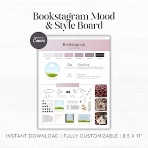 Plantilla de tablero de estado de ánimo de Bookstagram, redes sociales para amantes de los libros, tablero de estado de ánimo estético de Bookstagram, kit de marca para amantes de los libros, Canva, vibraciones de Bookstagram