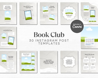 Op de afbeelding: Een set van 30 Instagram-posttemplates voor een boekenclub. De templates hebben verschillende ontwerpen met een groen-blauw kleurenschema. De tekst op de templates omvat "Book Club", "Monthly Book Club", "This Month's Book Club Pick", "Virtual Book Club", "Mood Board", "Book Club Member Reviews", "A Year of Reading Our Book Club Picks Month by Month" en "Book Club Recap".