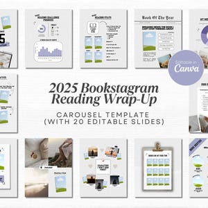 May include: A 2025 Bookstagram Reading Wrap-Up carousel template with 20 editable slides. The template includes pages for reading challenges, stats, book of the year, and goals. The design is editable in Canva.