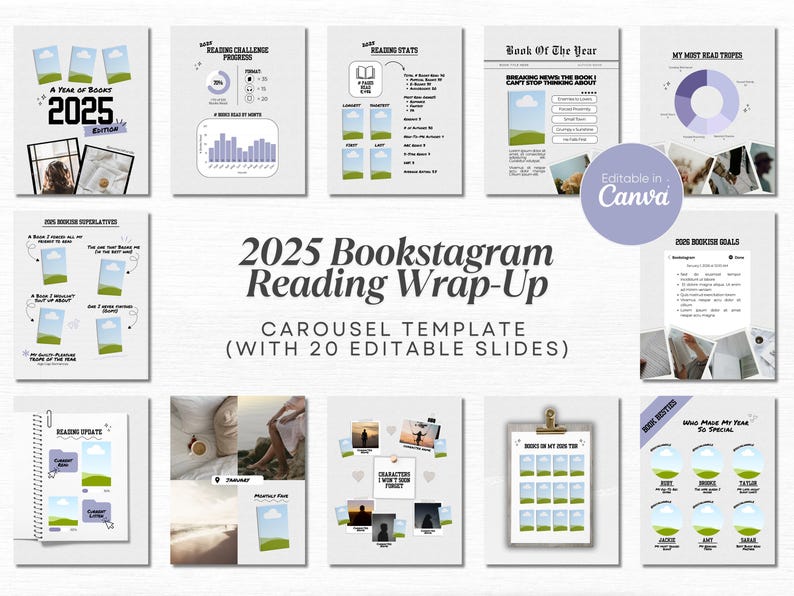 May include: A 2025 Bookstagram Reading Wrap-Up carousel template with 20 editable slides. The template includes pages for reading challenges, stats, book of the year, and goals. The design is editable in Canva.