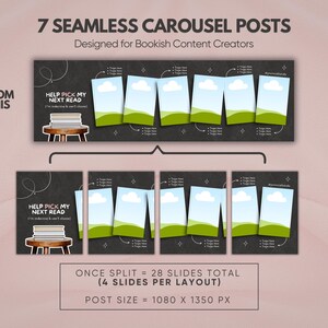 May include: A digital template set featuring 7 seamless carousel posts for social media. The dark gray background displays a stack of books on a wooden stool, text reading HELP PICK MY NEXT READ, and placeholders for images. Dimensions are 1080 x 1350 px.