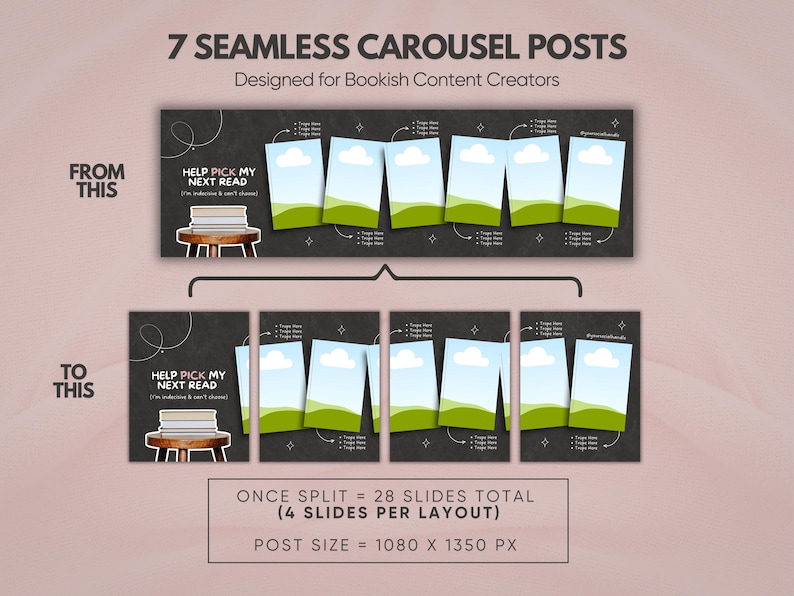 May include: A digital template set featuring 7 seamless carousel posts for social media. The dark gray background displays a stack of books on a wooden stool, text reading HELP PICK MY NEXT READ, and placeholders for images. Dimensions are 1080 x 1350 px.