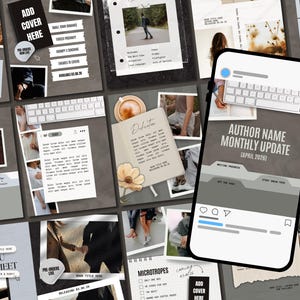 K&ouml;nnte beinhalten: Eine Sammlung digitaler Designelemente, darunter ein Smartphone mit einem monatlichen Update eines Autors, eine Tastatur und verschiedene Schreibwaren. Die Farbpalette ist haupts&auml;chlich Grau, Wei&szlig; und Schwarz mit Akzenten in Beige und Braun.