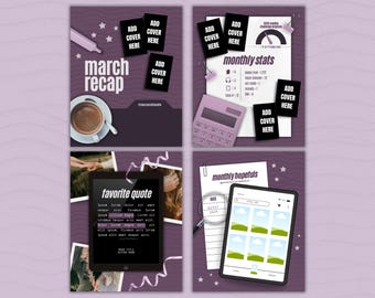 May include: A set of four digital templates in shades of purple featuring a March recap with a coffee cup, monthly stats with a calculator, a favourite quote display on a tablet, and a monthly hopefuls list with a tablet and magnifying glass.