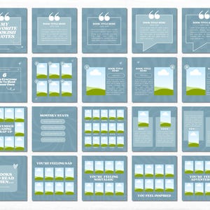 May include: A blue and white graphic with 16 different templates for social media posts about books. The templates feature quotes, book recommendations, reading lists, and monthly reading wrap-ups.