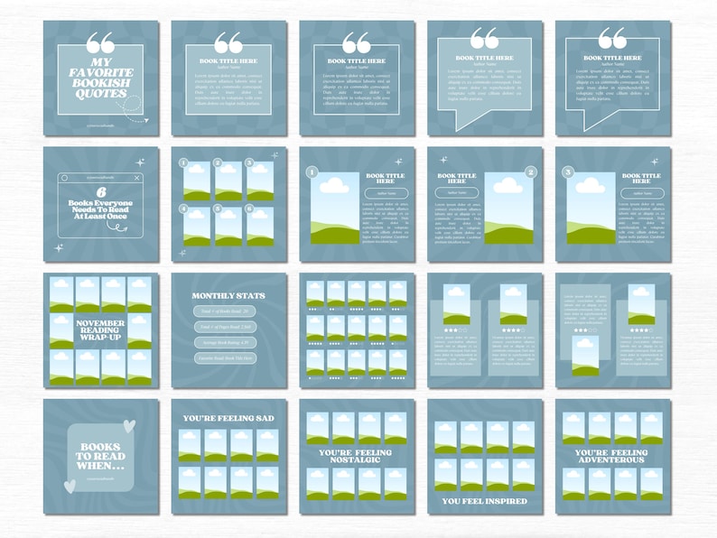 May include: A blue and white graphic with 16 different templates for social media posts about books. The templates feature quotes, book recommendations, reading lists, and monthly reading wrap-ups.