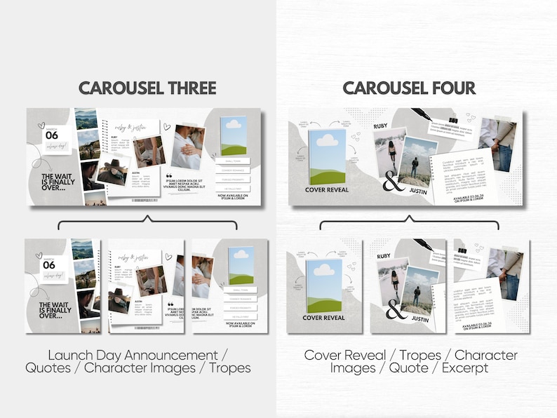 May include: A digital marketing template set for social media carousels featuring two distinct layouts labeled Carousel Three and Carousel Four. The designs include placeholders for photographs, text excerpts, book cover mockups, and dates.