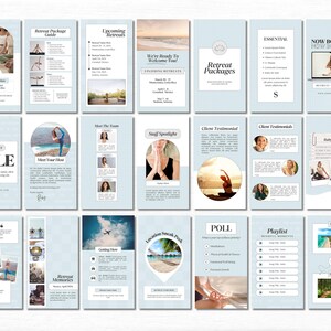 May include: A collection of light blue and white Instagram story templates for a yoga retreat. The templates feature images of yoga poses, a staff spotlight, client testimonials, and information about the retreat. The text on the templates includes "Upcoming Retreats", "Retreat Packages", "Meet Your Host", "Staff Spotlight", "Client Testimonial", "Poll", and "Playlist".