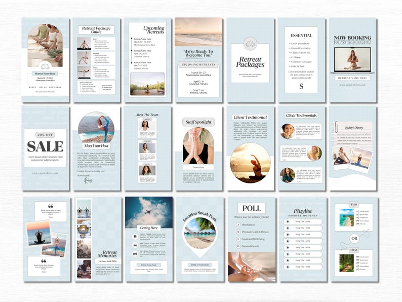 May include: A collection of light blue and white Instagram story templates for a yoga retreat. The templates feature images of yoga poses, a staff spotlight, client testimonials, and information about the retreat. The text on the templates includes "Upcoming Retreats", "Retreat Packages", "Meet Your Host", "Staff Spotlight", "Client Testimonial", "Poll", and "Playlist".