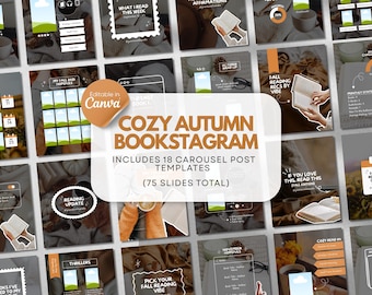 May include: A collection of 75 digital social media templates titled COZY AUTUMN BOOKSTAGRAM, featuring 18 carousel post layouts. The designs include text, photo placeholders, and graphic elements in a warm, neutral color palette for Canva.