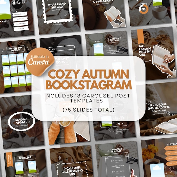 Peut inclure: Une collection de 75 modèles numériques pour réseaux sociaux intitulée COZY AUTUMN BOOKSTAGRAM, comprenant 18 mises en page de carrousel. Les designs incluent du texte, des espaces réservés pour photos et des éléments graphiques pour Canva.