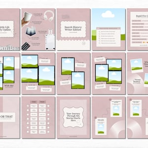 K&ouml;nnte beinhalten: Eine Sammlung digitaler Vorlagen mit rosa Hintergrund. Die Vorlagen enthalten Texte wie &bdquo;A Little Life Lately Update&ldquo;, &bdquo;Search History: Writer Edition&ldquo; und &bdquo;This or That&ldquo;. Weitere Vorlagen enthalten Bilder und Text.