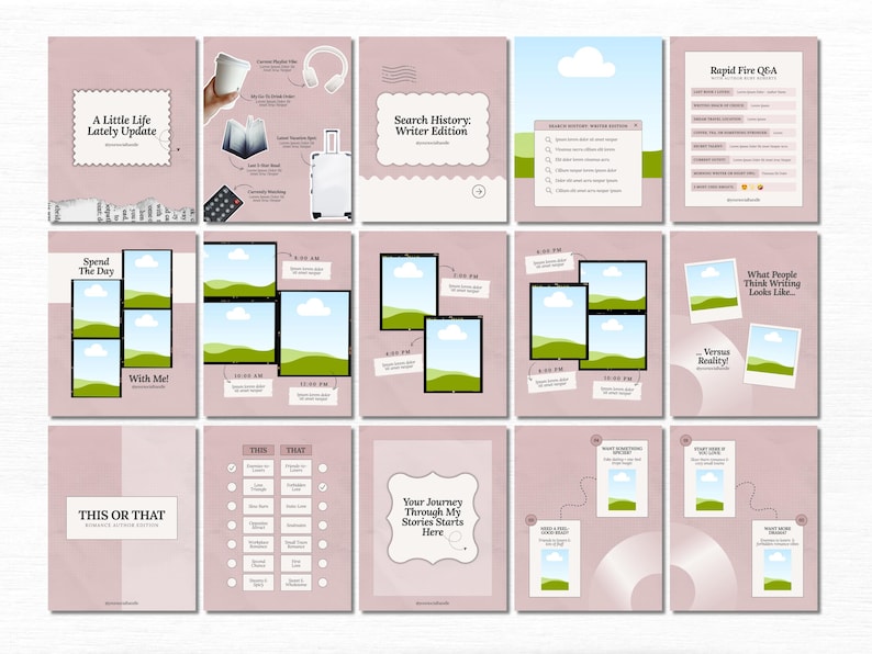 K&ouml;nnte beinhalten: Eine Sammlung digitaler Vorlagen mit rosa Hintergrund. Die Vorlagen enthalten Texte wie &bdquo;A Little Life Lately Update&ldquo;, &bdquo;Search History: Writer Edition&ldquo; und &bdquo;This or That&ldquo;. Weitere Vorlagen enthalten Bilder und Text.