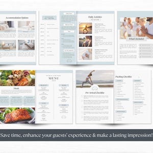 May include: A brochure with a blue and white color scheme. The brochure is divided into sections with headings such as "Accommodation Options", "Daily Activities", "Packages & Prices", "Meals", "Menu", "Pre-Arrival Checklist", and "Packing Checklist". The brochure also includes images of a beach, a yoga pose, and a meal.