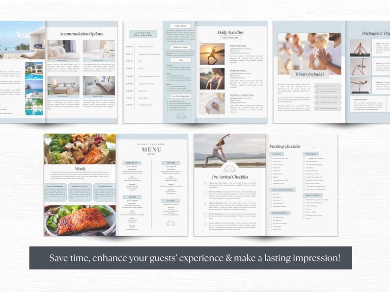 May include: A brochure with a blue and white color scheme. The brochure is divided into sections with headings such as "Accommodation Options", "Daily Activities", "Packages & Prices", "Meals", "Menu", "Pre-Arrival Checklist", and "Packing Checklist". The brochure also includes images of a beach, a yoga pose, and a meal.