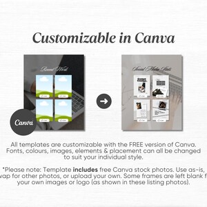 May include: Image showcasing customizable Canva templates for social media. The design includes two mockups with the text "Recent Work" and "Social Media Stats." The templates are customizable with fonts, colors, images, and elements.
