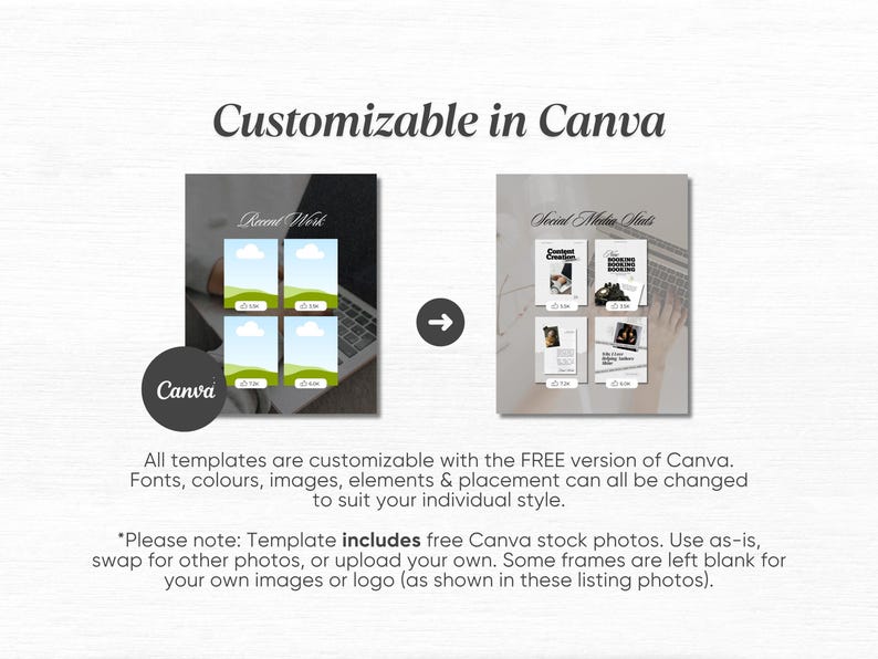 May include: Image showcasing customizable Canva templates for social media. The design includes two mockups with the text "Recent Work" and "Social Media Stats." The templates are customizable with fonts, colors, images, and elements.