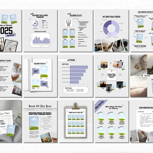 May include: A collection of printable book journal pages with a white background. The pages include sections for tracking reading progress, favorite books, and reading goals. The text "A Year of Books 2025 Edition" is visible.