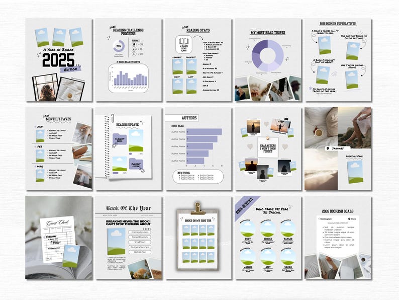 May include: A collection of printable book journal pages with a white background. The pages include sections for tracking reading progress, favorite books, and reading goals. The text "A Year of Books 2025 Edition" is visible.