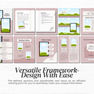 K&ouml;nnte beinhalten: Eine Sammlung digitaler Vorlagen in einem sanften Rosa- und Wei&szlig;ton. Die Vorlagen enthalten Abschnitte f&uuml;r Autoren-Schnappsch&uuml;sse, Lesestatus und Buchdetails. Der Text "Versatile Framework - Design With Ease" wird unten angezeigt.