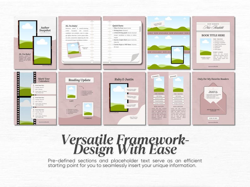 K&ouml;nnte beinhalten: Eine Sammlung digitaler Vorlagen in einem sanften Rosa- und Wei&szlig;ton. Die Vorlagen enthalten Abschnitte f&uuml;r Autoren-Schnappsch&uuml;sse, Lesestatus und Buchdetails. Der Text "Versatile Framework - Design With Ease" wird unten angezeigt.