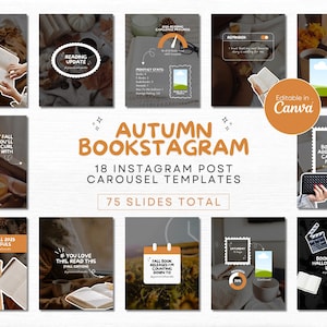 May include: A collection of 18 Instagram post carousel templates with an autumn theme, featuring cozy reading recommendations and book-related graphics. The templates include text like "Autumn Bookstagram" and "Fall Reading Recs by Vibe."