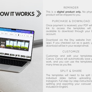 May include: A silver laptop displaying a Canva interface with a horizontal carousel template featuring green landscape graphics. The text HOW IT WORKS is visible, followed by instructions for purchasing, downloading, customizing, and splitting the digital templates.