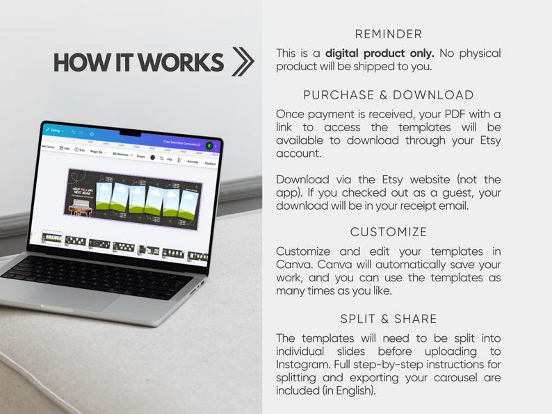 May include: A silver laptop displaying a Canva interface with a horizontal carousel template featuring green landscape graphics. The text HOW IT WORKS is visible, followed by instructions for purchasing, downloading, customizing, and splitting the digital templates.