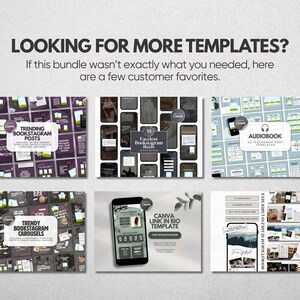 K&ouml;nnte beinhalten: Eine digitale Marketing-Vorlagen-Sammlung mit sechs verschiedenen Abschnitten und Text&uuml;berlagerungen. Die Haupt&uuml;berschrift lautet LOOKING FOR MORE TEMPLATES? If this bundle wasn't exactly what you needed, here are a few customer favorites.