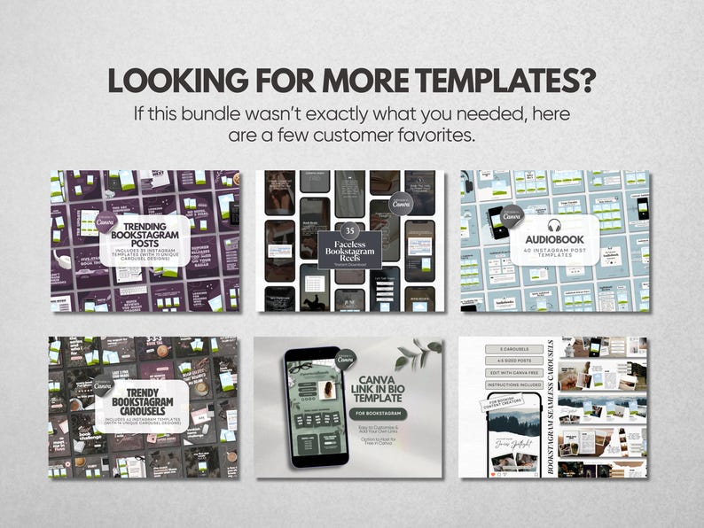 K&ouml;nnte beinhalten: Eine digitale Marketing-Vorlagen-Sammlung mit sechs verschiedenen Abschnitten und Text&uuml;berlagerungen. Die Haupt&uuml;berschrift lautet LOOKING FOR MORE TEMPLATES? If this bundle wasn't exactly what you needed, here are a few customer favorites.