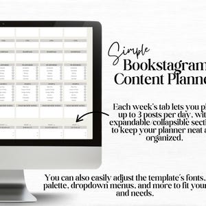 May include: A computer screen displaying a digital planner template for bookstagram content. The planner is organized by week and includes sections for post ideas, captions, and hashtags. The text on the screen reads "Simple Bookstagram Content Planner".