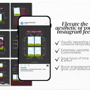 May include: A phone screen displaying a graphic design template for Instagram. The template is black with white text and a grid pattern. The text reads "Spicy Chapter Guide". The template features a series of four squares with a landscape scene in each square. The phone screen is on a white background.