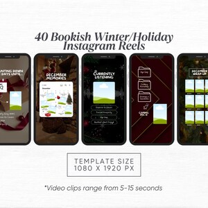 May include: A digital product showcasing 40 Instagram Reels templates for bookish winter and holiday themes. The templates feature various designs with text overlays, including "Counting Down The Days Until," "December Memories," and "December Wrap-Up."
