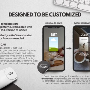 K&ouml;nnte beinhalten: Eine digitale Grafik mit anpassbaren Reel-Vorlagen f&uuml;r Canva. Das Bild zeigt eine Originalvorlage und ein angepasstes Beispiel auf Smartphone-Bildschirmen sowie Textanweisungen zum Bearbeiten, Hinzuf&uuml;gen von Buchcovern und zum Branding.