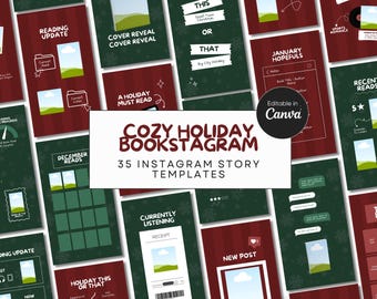 Op de afbeelding: Een verzameling Instagram story-sjablonen met een gezellig vakantiethema. De sjablonen hebben rode en groene achtergronden met witte tekst en afbeeldingen. De tekst bevat zinnen als "Reading Update" en "Cover Reveal". De sjablonen zijn bewerkbaar in Canva.