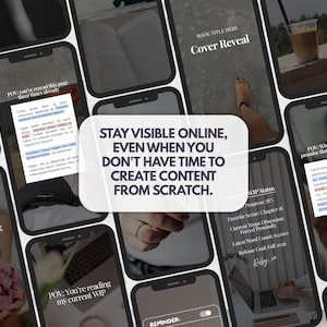 May include: A digital collage of multiple smartphone screens displaying social media content templates. The central white overlay features the text: STAY VISIBLE ONLINE, EVEN WHEN YOU DON'T HAVE TIME TO CREATE CONTENT FROM SCRATCH.