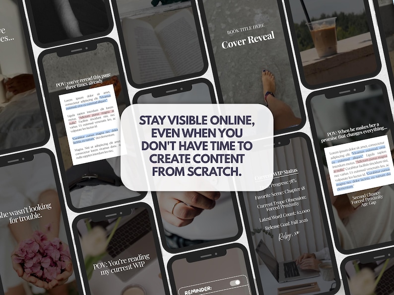 May include: A digital collage of multiple smartphone screens displaying social media content templates. The central white overlay features the text: STAY VISIBLE ONLINE, EVEN WHEN YOU DON'T HAVE TIME TO CREATE CONTENT FROM SCRATCH.