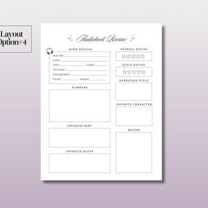 May include: A printable audiobook review template with sections for book details, overall rating, audio rating, narration style, favorite character, favorite part, review, and favorite quote.