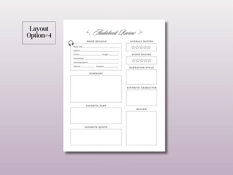 May include: A printable audiobook review template with sections for book details, overall rating, audio rating, narration style, favorite character, favorite part, review, and favorite quote.