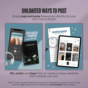 May include: A digital design mockup featuring a smartphone, a book, and a pair of headphones on a blue background. The phone displays a book reading app. The book is titled "VIVAMUS SIT". The text "UNLIMITED WAYS TO POST" is at the top.