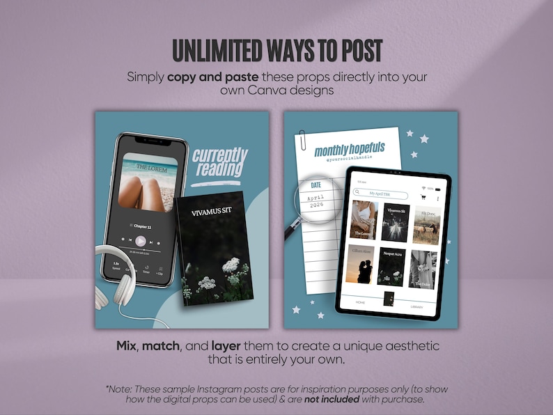 May include: A digital design mockup featuring a smartphone, a book, and a pair of headphones on a blue background. The phone displays a book reading app. The book is titled "VIVAMUS SIT". The text "UNLIMITED WAYS TO POST" is at the top.