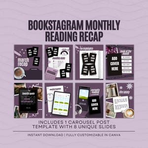 May include: A digital template for a Bookstagram monthly reading recap, featuring eight unique slides with a purple and white color scheme. The design includes space for book covers, quotes, and monthly stats. Text includes "BOOKSTAGRAM MONTHLY READING RECAP".
