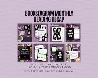 Bokstagram-mallpaket Månatlig lässammanfattning Bokrecension Canva Bokinnehållsskapare Författare Sociala medier Romantikläsare Idé