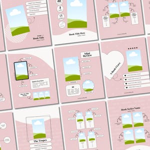 May include: A set of 10 pink and white social media templates featuring a landscape scene with a cloud and green hills. The templates include text such as "Book Title Here", "Featured Author", "Mini Review", "A Book I Love", "Book Series Name", and "Follow Book".