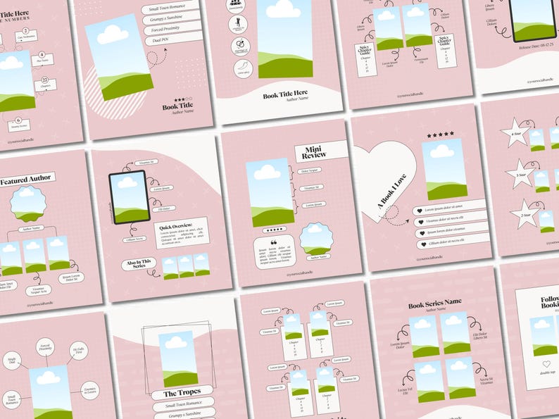 May include: A set of 10 pink and white social media templates featuring a landscape scene with a cloud and green hills. The templates include text such as "Book Title Here", "Featured Author", "Mini Review", "A Book I Love", "Book Series Name", and "Follow Book".